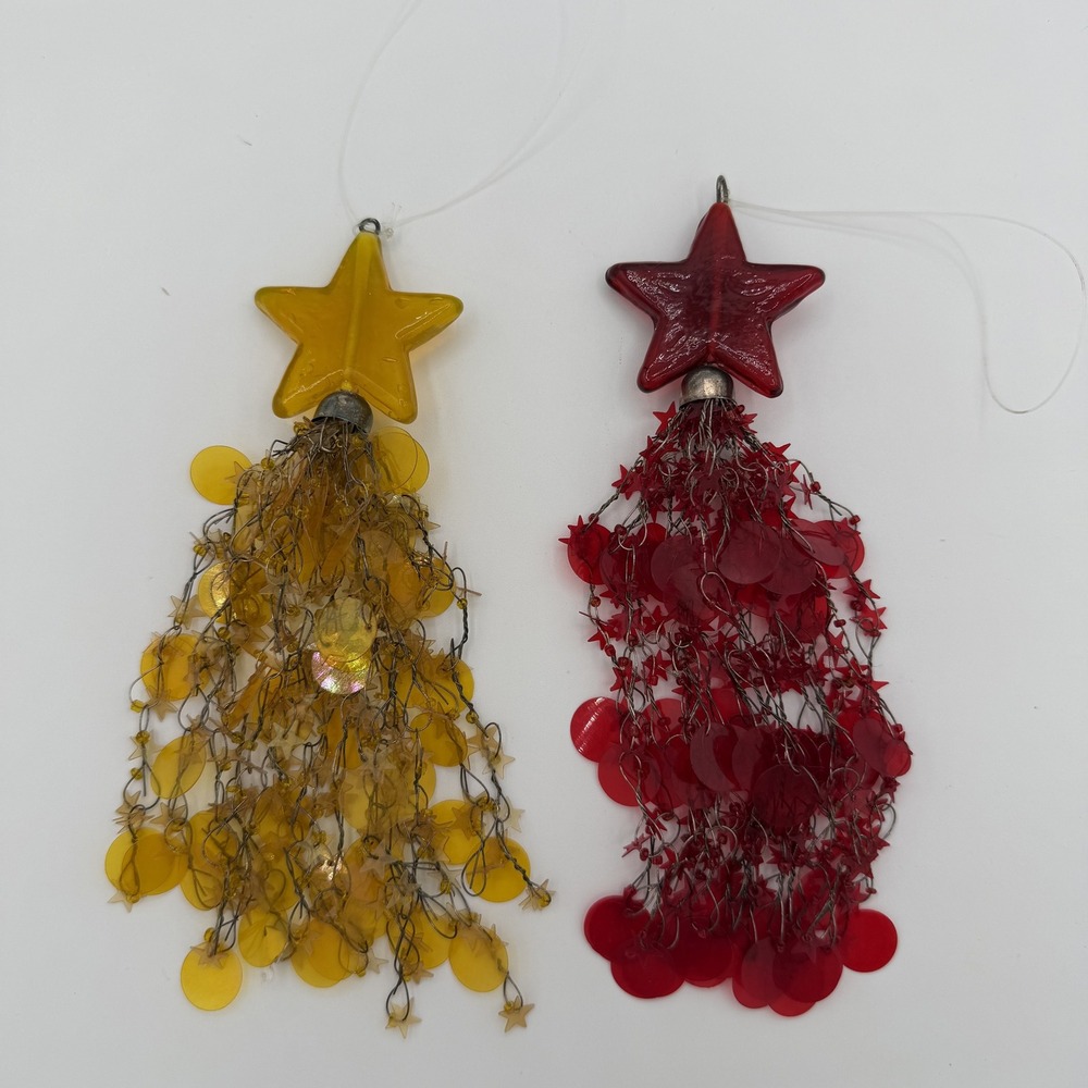 VTG Set of 2 Star Tassel Ornaments Red Yellow Sparkle Festive Holiday Decor